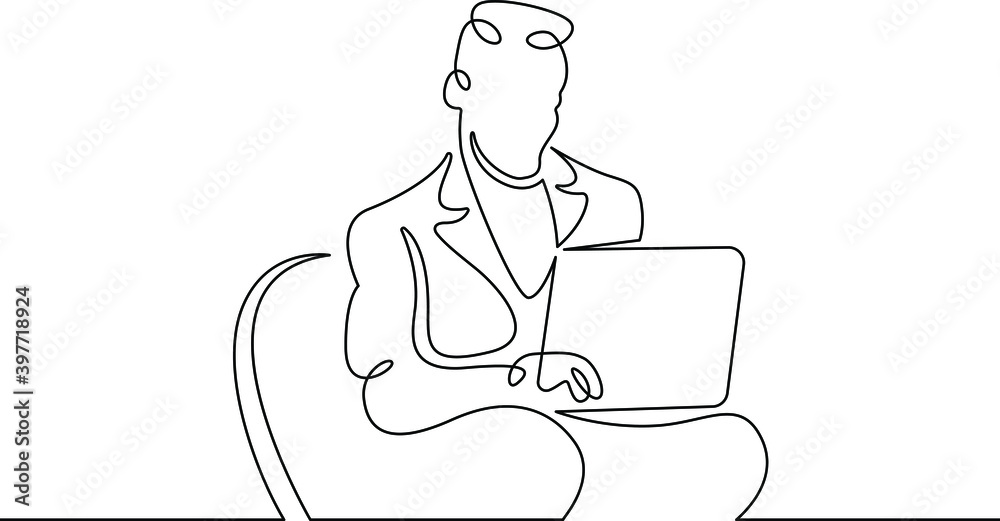 Portrait of a working man at a computer laptop. One continuous drawing line  logo single hand drawn art doodle isolated minimal illustration.Designer journalist manager.