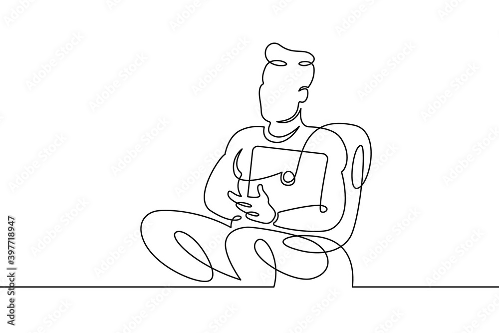 Portrait of a working man at a computer laptop. One continuous drawing line  logo single hand drawn art doodle isolated minimal illustration.Designer journalist manager.