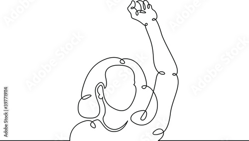 Woman girl standing with a placard holding a banner in his hands.Social protest and demonstrations. One continuous drawing line, logo single hand drawn art doodle isolated minimal illustration.