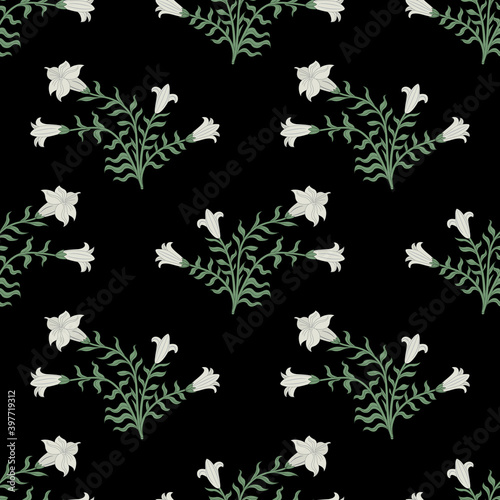 Seamless floral pattern with blooming branches of sacred datura or white lily plant.