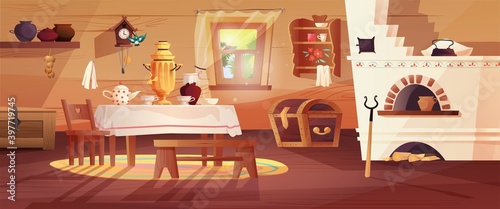 Empty interior of the Russian hut. Ancient Russian kitchen with stove, pots, bench, rug, broom, grip, window with curtain, carpet, samovar, tablecloth. Vector cartoon illustration.