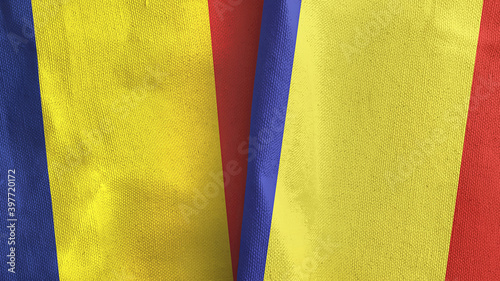 Romania and Chad two flags textile cloth 3D rendering