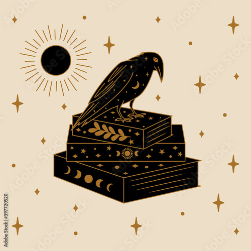 Crow and Magic Book Illustration in Vector