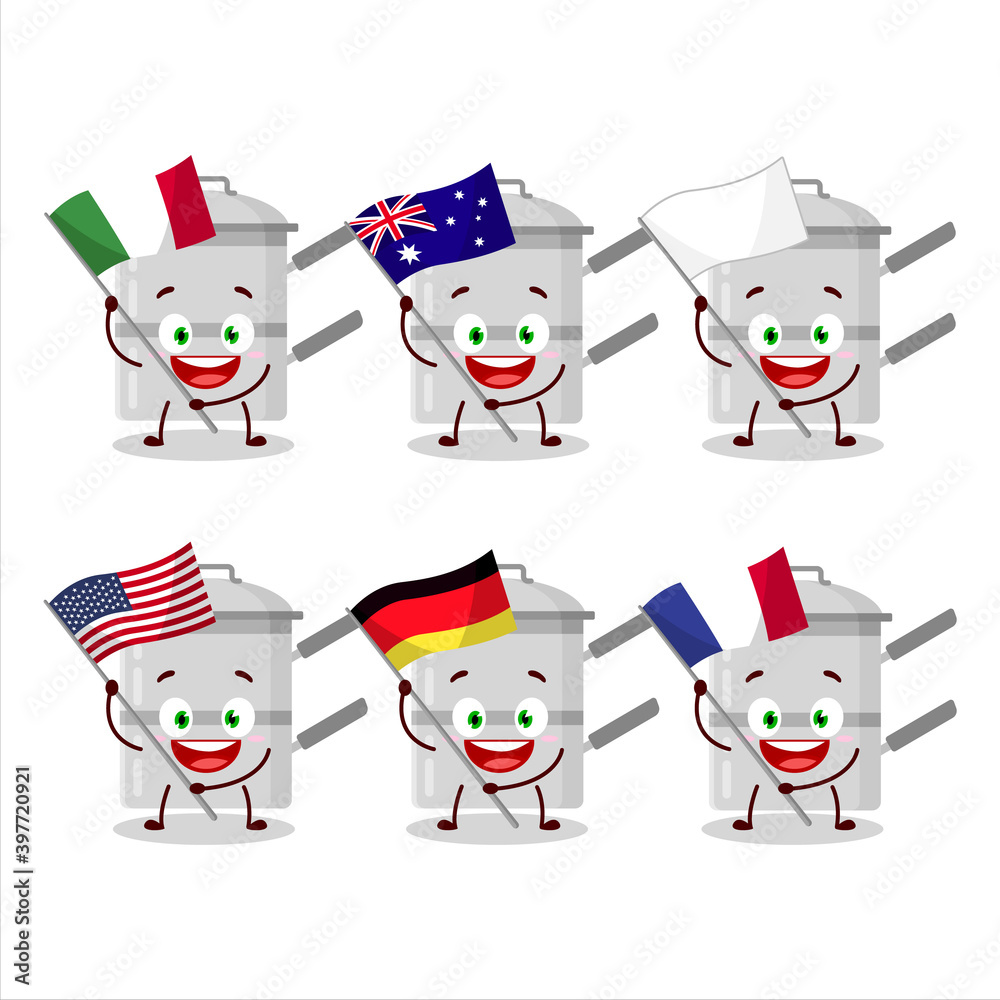 Double boiler cartoon character bring the flags of various countries