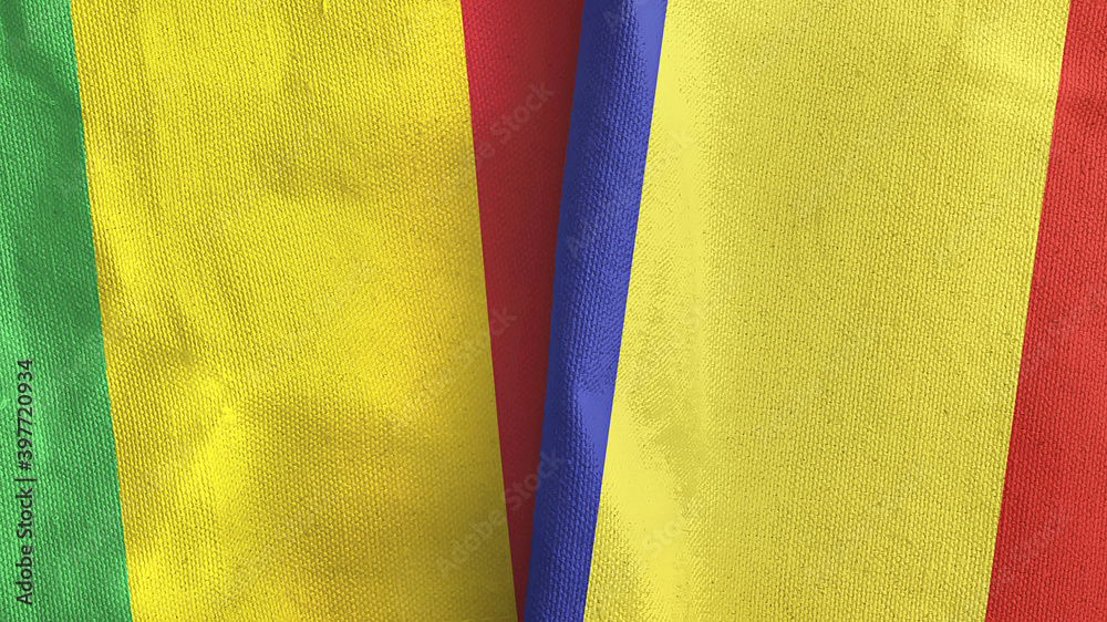 Romania and Mali two flags textile cloth 3D rendering