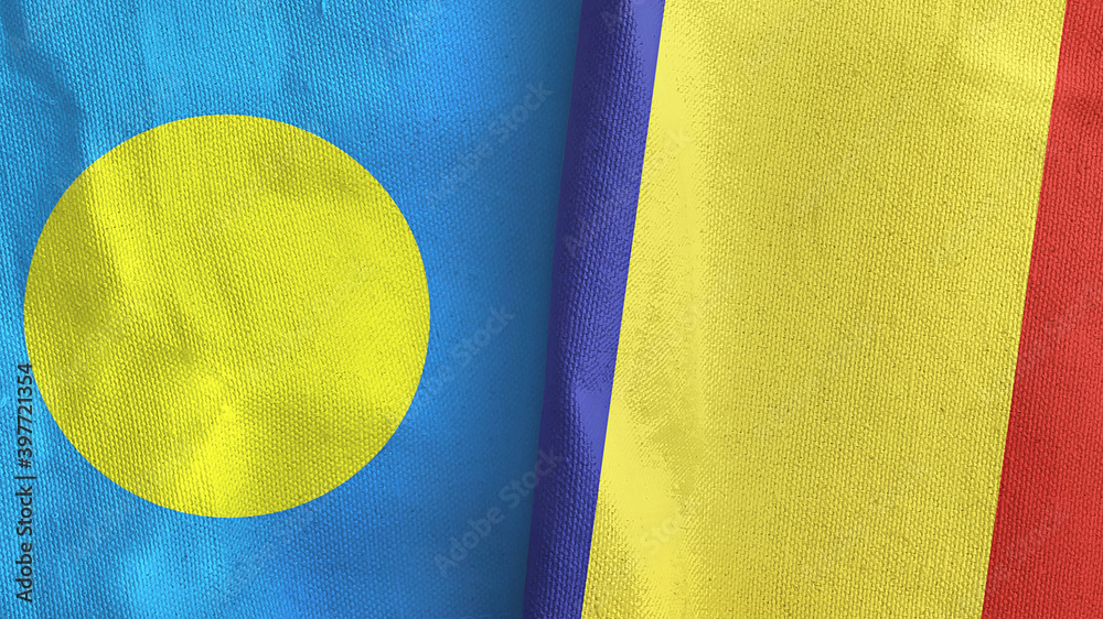 Romania and Palau two flags textile cloth 3D rendering