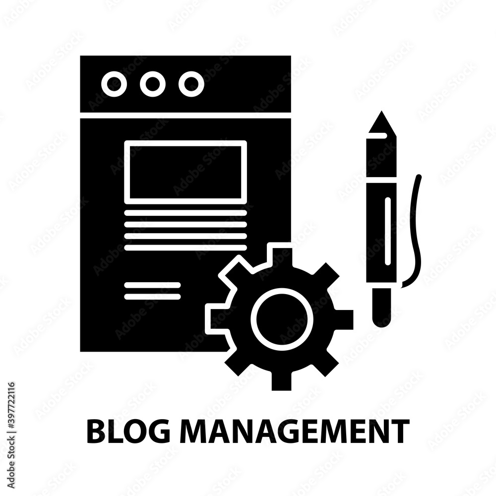 blog management icon, black vector sign with editable strokes, concept illustration blog management icon, black vector sign with editable strokes, concept illustration