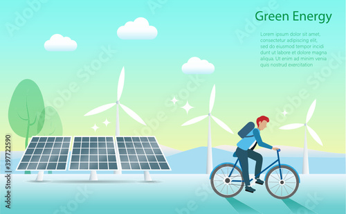 Man riding bicycle with solar panels and wind turbines background. Renewable Electric power production, green and clean energy resources to nature and environment. Vector.
