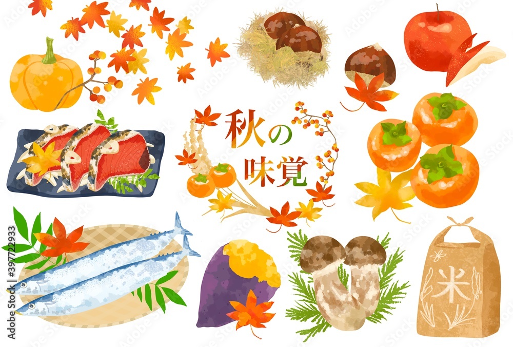 かわいいタッチの食欲の秋イラスト素材セット Stock Illustration Adobe Stock