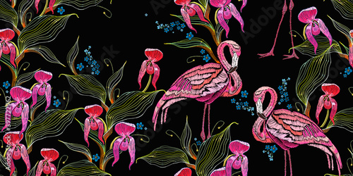 Snap dragon flowers, meadow herbs and pink flamingo. Floral seamless pattern. Summer tropical art. Embroidery. Line style. Fashion template for clothes, textiles