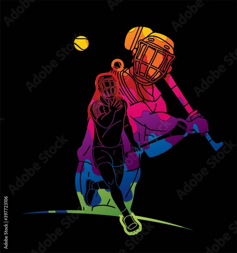 Group of Hurling sport players action. Irish Hurley sport cartoon graphic vector.