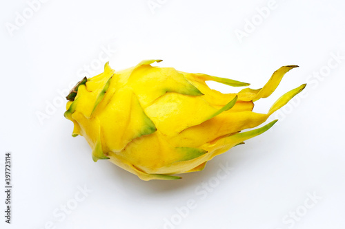 Yellow pitahaya or dragon fruit on white background.