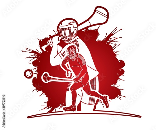 Group of Hurling sport players action. Irish Hurley sport cartoon graphic vector.
