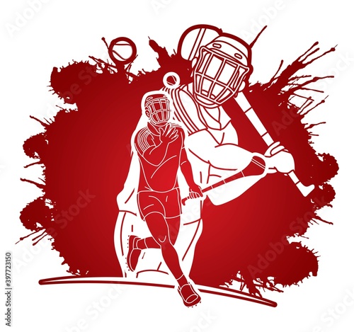 Group of Hurling sport players action. Irish Hurley sport cartoon graphic vector.