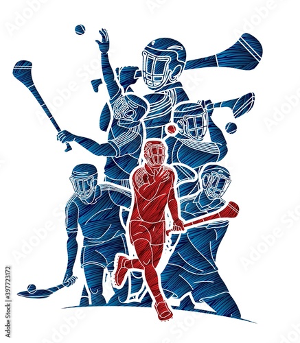 Group of Hurling sport players action. Irish Hurley sport cartoon graphic vector.