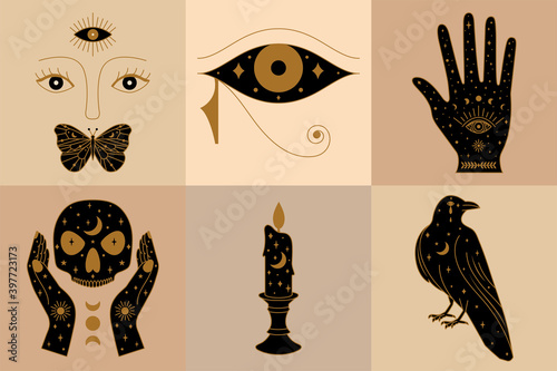 Set of Witch Icons Collection Featuring Horus Eye, Crow, Palm, Candle and Mystic Face Illustration.