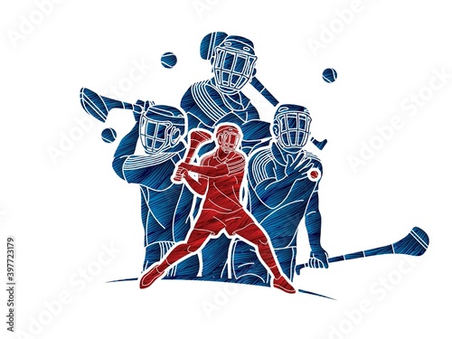 Group of Hurling sport players action. Irish Hurley sport cartoon graphic vector.