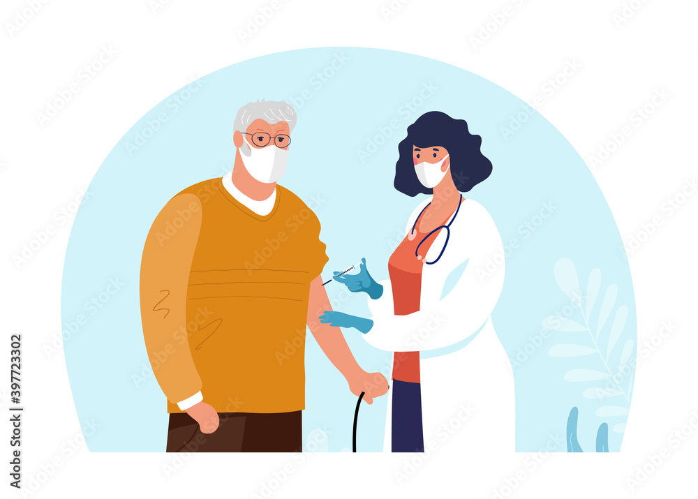 A doctor in a clinic giving a coronavirus vaccine to an elderly man, concept illustration for immunity health. Immunization of adults, covid vaccine. Flat illustration isolated on white background.