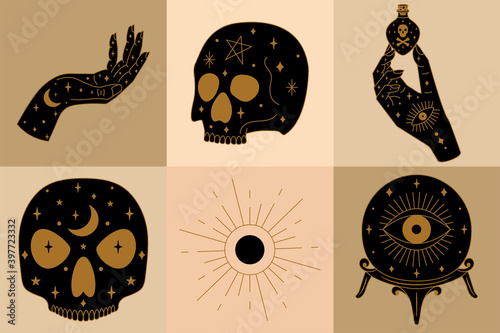 Set of Witchcraft Doodle Set Featuring  Evil Eye, Skull and Bone Illustration
