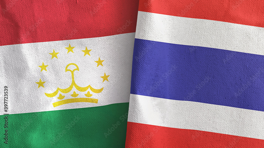 Thailand and Tajikistan two flags textile cloth 3D rendering