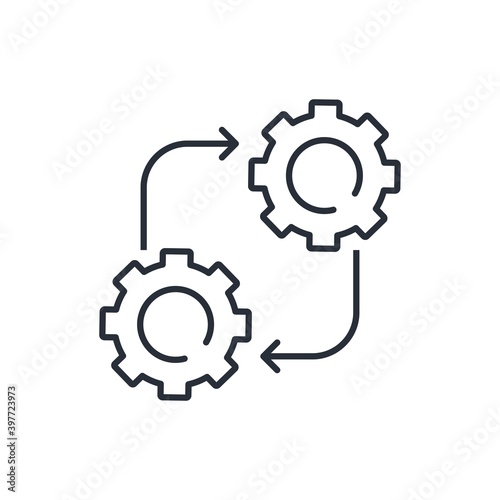 Chang gears and arrows. Make changes. Technological replacement, exchange. Vector linear icon isolated on white background.
