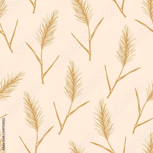 Simple hand-drawn calm floral vector seamless pattern in pastel colors. Panicle inflorescences, pampas grass, reeds on a light pink background. For prints of fabric, wallpaper, textile products.