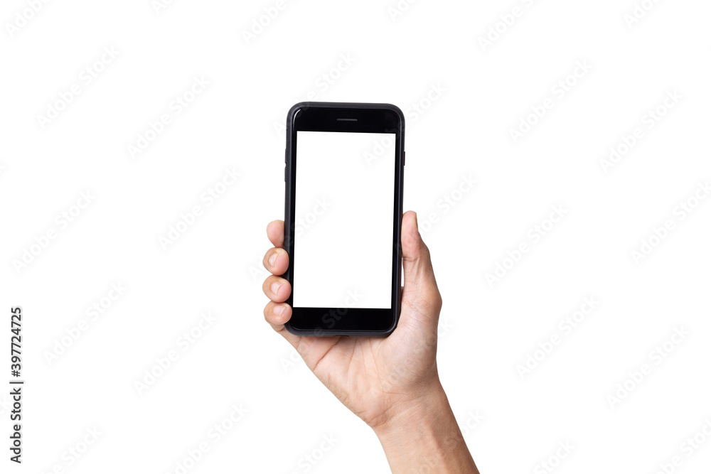 Hand business man holding mobile smartphone with blank screen isolated on white background with clipping path Hand business man holding mobile smartphone with blank screen isolated on white background with clipping path
