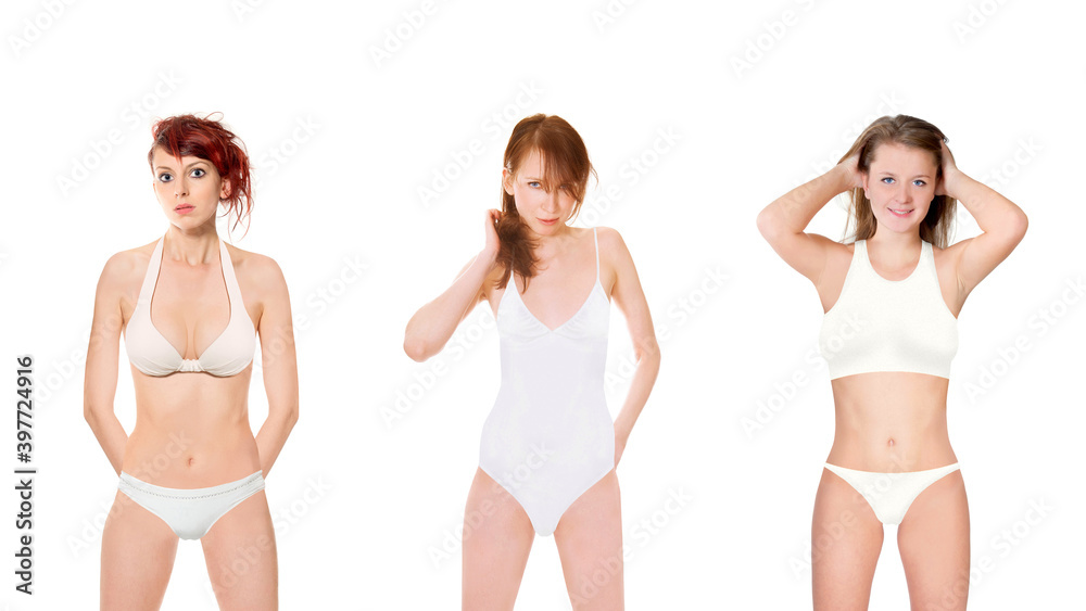 Portraits of three beautiful young women wearing white beachwear, isolated on white studio background Portraits of three beautiful young women wearing white beachwear, isolated on white studio background
