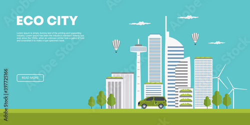 Ecology concept. Modern city and developed agriculture. Green eco city flat cartoon vector illustration isometric natural energy sources for urban life. Futuristic IOT city using wind power energy.