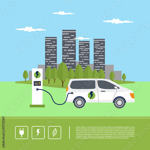 Modern electric smart suv car charging parking at the charger station with a plug in cable. Electrified future transportation e-motion. Vector flat illustration
