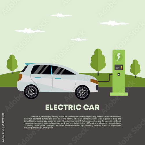 Electric car at the charger station. Isometric electric recharging point. Electric vehicle charging technology, mobile app to find ev charging station concept. Vector flat illustration