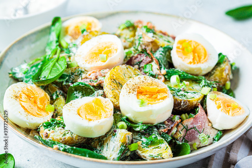 Traditional potato salad with bacon and eggs in white bowl. Picnic food concept.