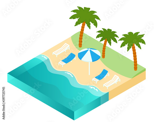 Vector beach with sea, palm trees and sun loungers, isometric 3D illustration of coast