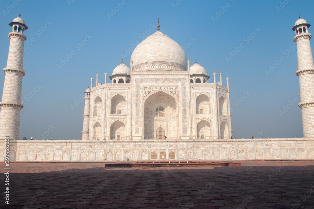 A beautiful sunny morning at the Taj Mahal in Agra, India.