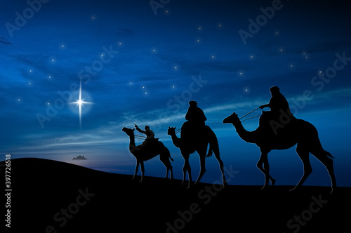 Christmas nativity scene of 3 wise men, following the big star to Bethlehem