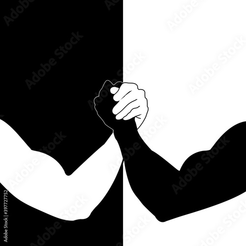 Background Arm Wrestling between the white side and the black side.