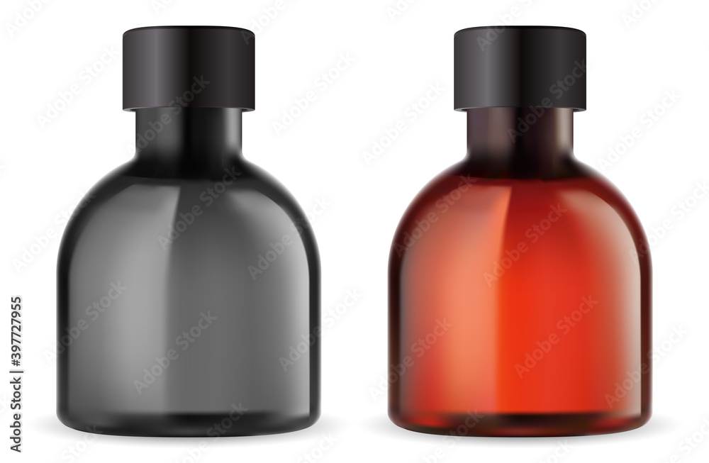 Brown glass essential oil bottle vector mockup with black lid. Small pharmacy medicine bottles blank, black and amber. Apotthecary blank design template with screw cap. Syrup flask Brown glass essential oil bottle vector mockup with black lid. Small pharmacy medicine bottles blank, black and amber. Apotthecary blank design template with screw cap. Syrup flask