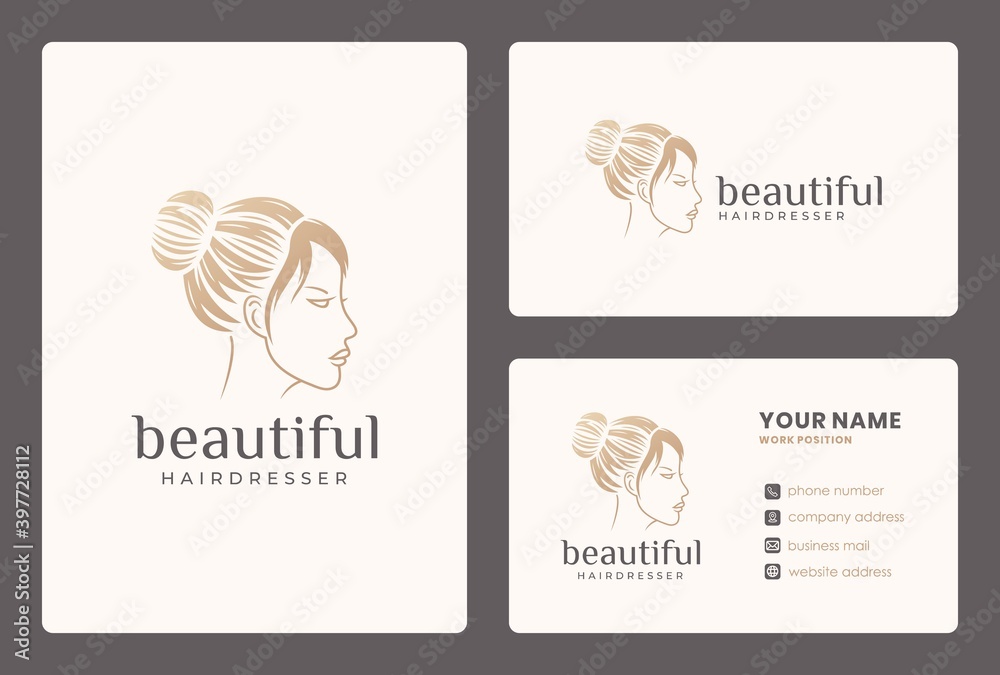 woman face, hairstyle, beauty salon logo design with business card template.