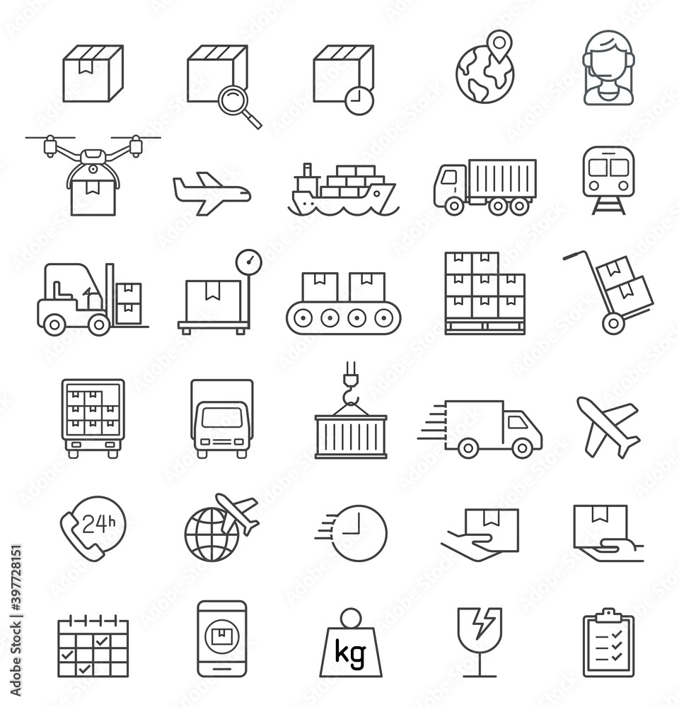 Logistics cargo delivery line icons set. Vector illustrations.