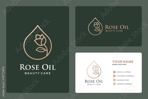 monogram rose oil, golden line drops, beauty care logo design with business card template.