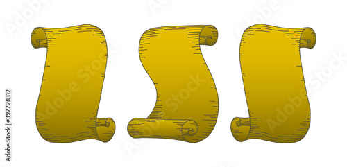 Parchment scrolls. Set of paper parchments isolated in white background. Vector illustration in doodle style