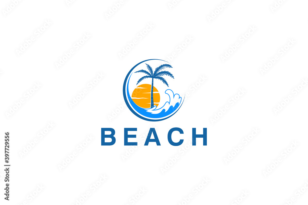 Beach vacation resort outdoor recreation trip adventure badge logo design coconut tree wave element