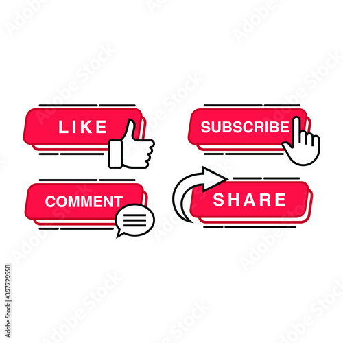 Like, Share, Comment and  Subscribe icon button vector illustration. Set of social media button or icon vector illustration design template for video channel  blog and background banner concept