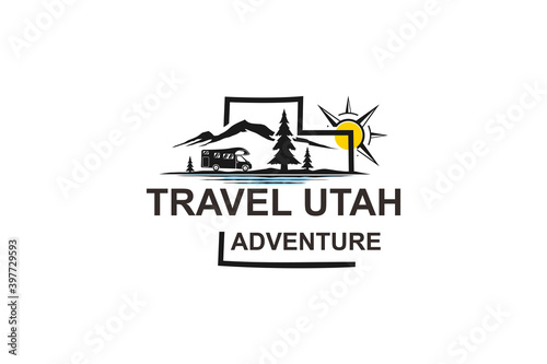 Traveling at utah logo adventure icon minimalist design, outdoor with campervan.