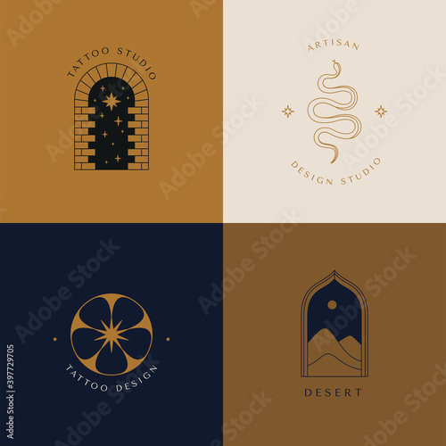 Vector logo design template in simple minimal style, magical and mystical symbols, tattoo signs