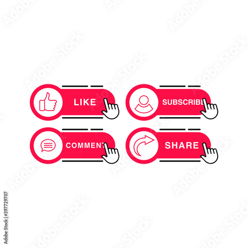 Like, Share, Comment and  Subscribe icon button vector illustration. Set of social media button or icon vector illustration design template for video channel  blog and background banner concept