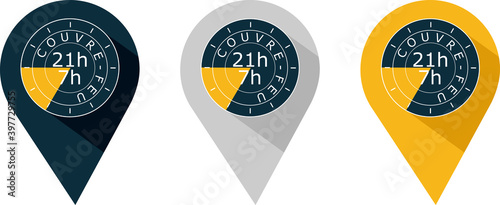Colored pins of the curfew between 9 p.m. and 7 a.m. because of Covid-19 with written in French "curfew"