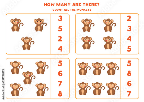 Fototapeta Naklejka Na Ścianę i Meble -  Counting game for kids. Count all cute monkeys. Worksheet for children.