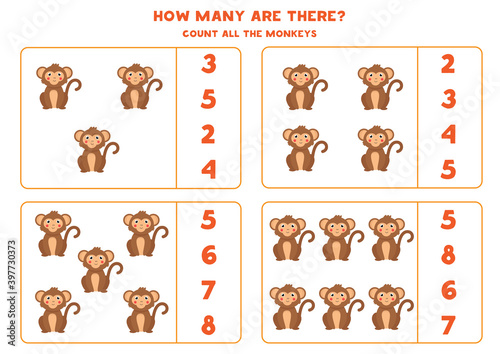 Counting game for kids. Count all cute monkeys. Worksheet for children.