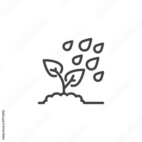 Plant and rain drops line icon. linear style sign for mobile concept and web design. Growing sprout watering outline vector icon. Symbol, logo illustration. Vector graphics